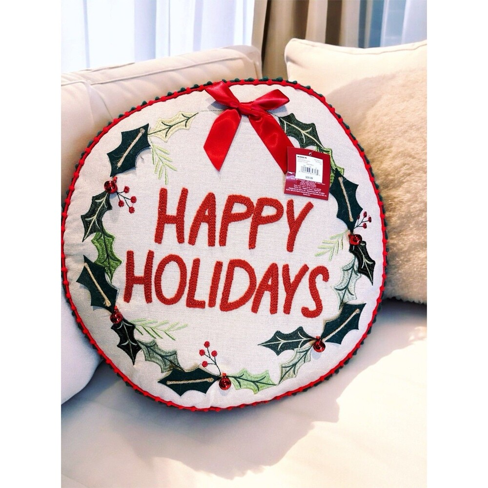 Round Happy Holiday Throw Pillow Linen St Nicholas Square® Red Bells Red Bow NWT